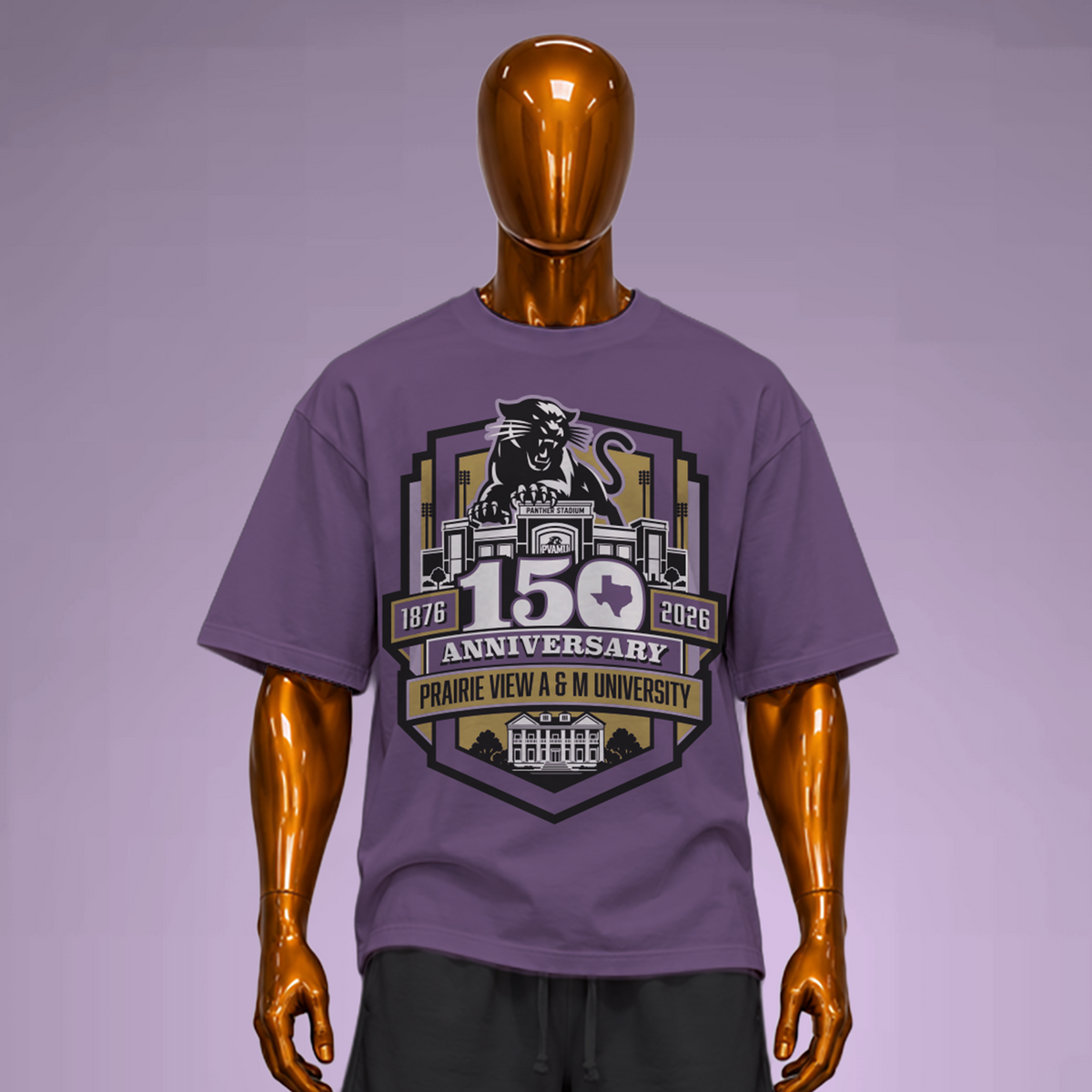 Prairie View A&M 150 anniversary purple tee shown on mannequin