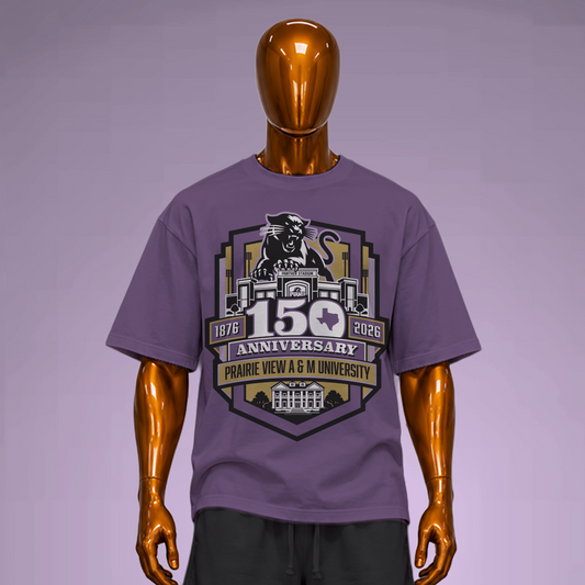 Prairie View A&M 150 anniversary purple tee shown on mannequin
