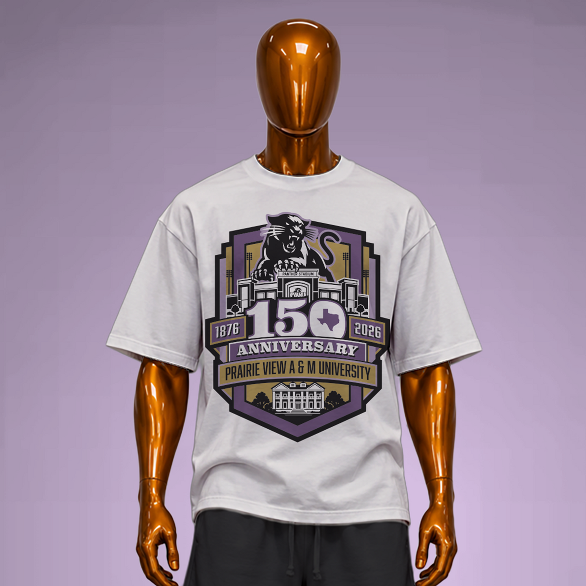 Prairie View A&M 150 anniversary white tee shown on mannequin