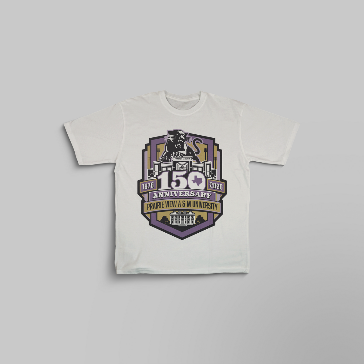 PVAMU 150th anniversary White t-shirt with Panther shield design, 1876–2026