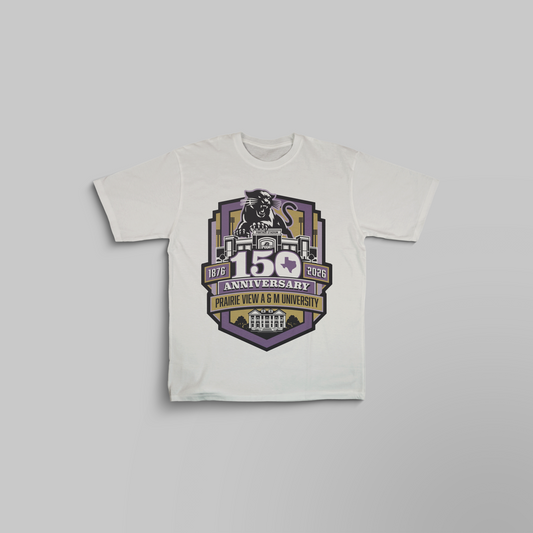 PVAMU 150th anniversary White t-shirt with Panther shield design, 1876–2026