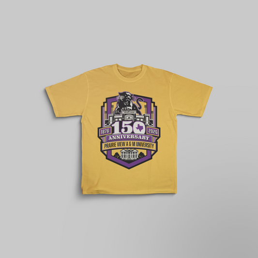 PVAMU 150th anniversary Rich Yellow t-shirt with Panther shield design, 1876–2026