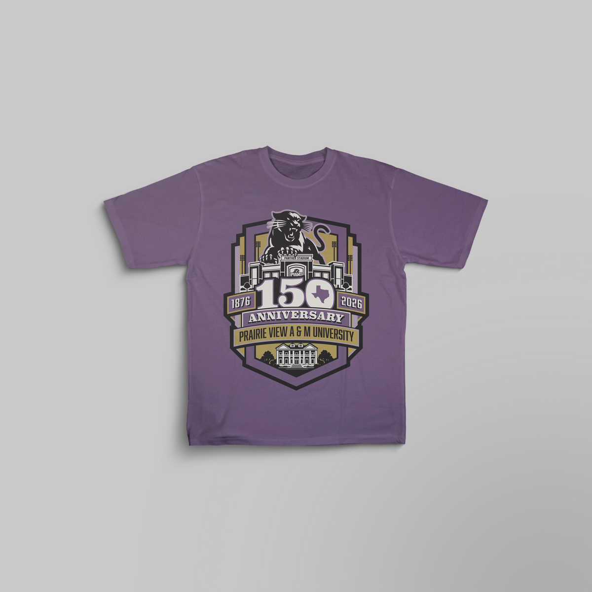 PVAMU 150th anniversary Purple Storm t-shirt with Panther shield design, 1876–2026