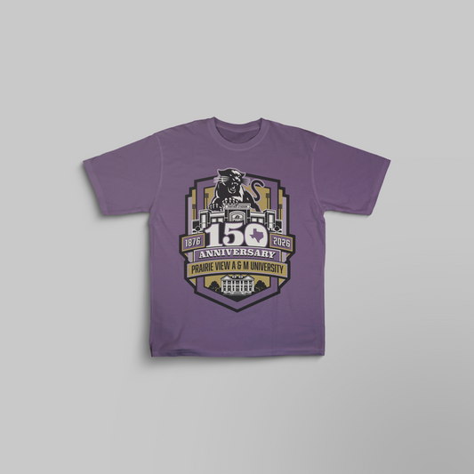 PVAMU 150th anniversary Purple Storm t-shirt with Panther shield design, 1876–2026